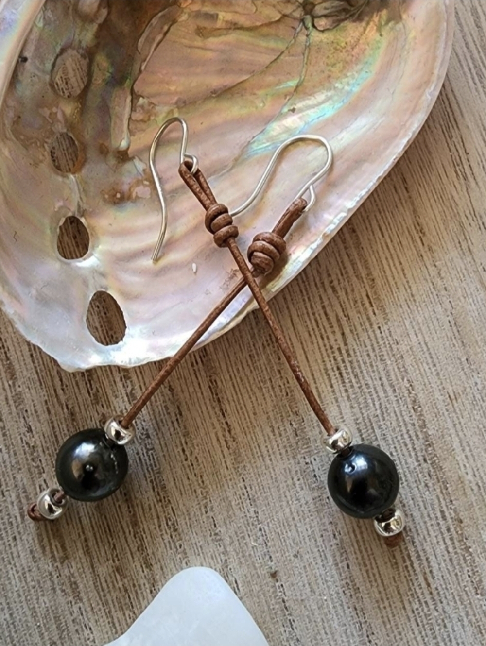 Earrings dainty black tahitian pearl and supple natural leather sterling silver